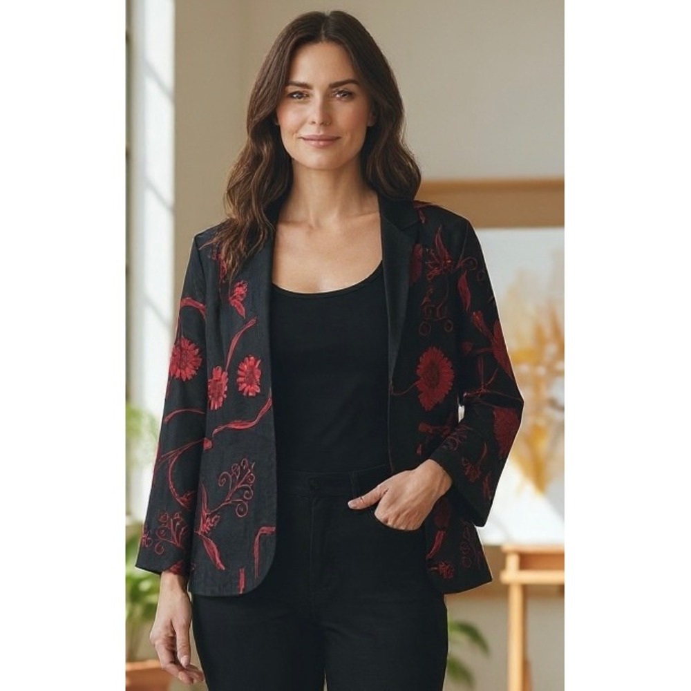 Anu by Natural Womens Black Red Floral Embroidered 100% Silk Blazer Jacket M